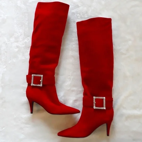 Marc Fisher Red Heeled Boots with Rinestone Buckle Size 7.5 NEW - Picture 1 of 8